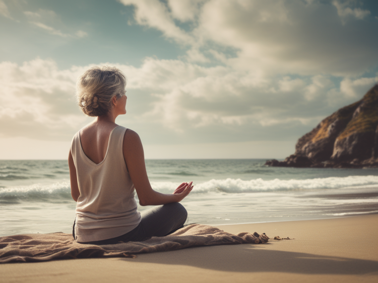 Retirees sitting in meditation on a serene beach, finding peace and fulfillment in their retirement journey. How to find perfect balance in retirement.