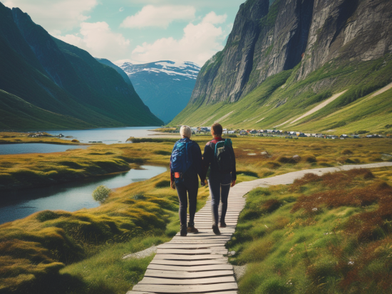 Married couples walking on a gravel road in Norway, surrounded by green mountains and small canals.