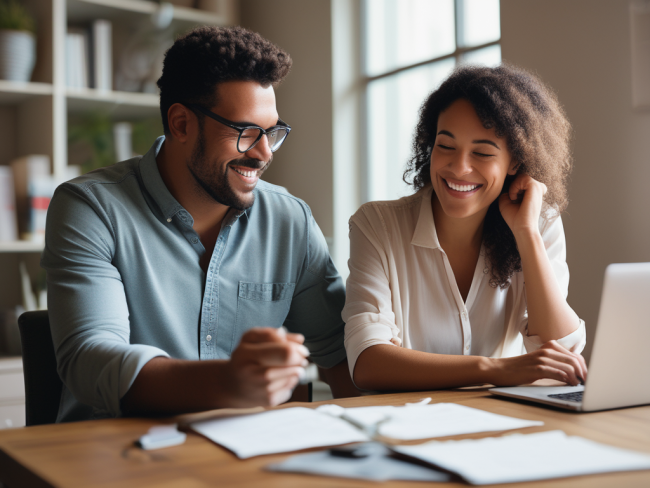Couple reviewing their budget and financial documents together at a table.