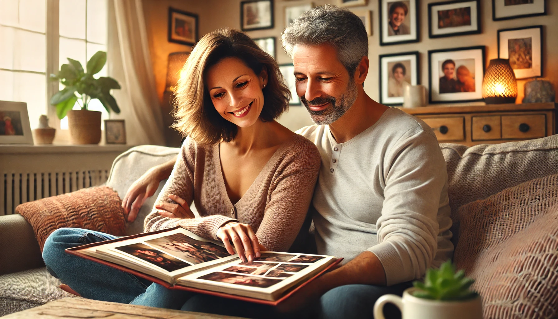 A middle-aged couple sitting on a cozy couch, looking through a photo album with warm smiles, representing the enduring bond and shared memories that keep love alive as they age.