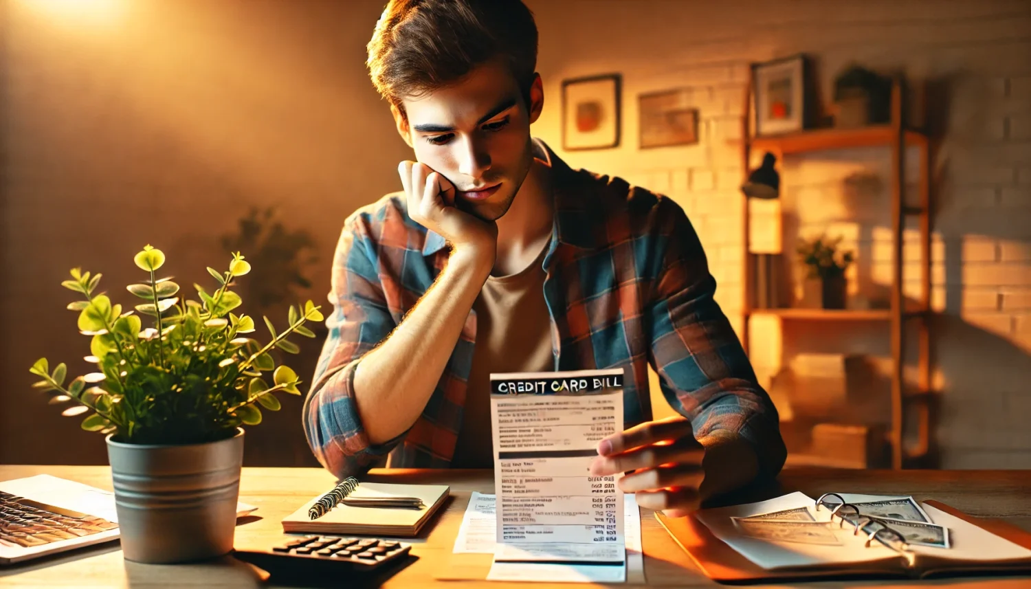 Young adult sitting at a desk, looking at a credit card debt with a concerned expression, surrounded by a calculator, notebook, and small plant, symbolizing financial reflection and growth.