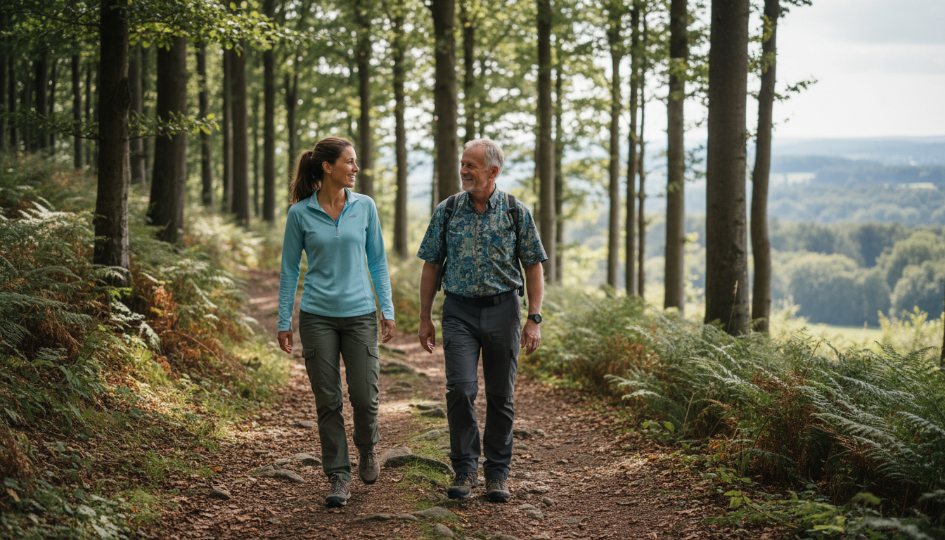 Adults of different generations enjoying a woodland walk.