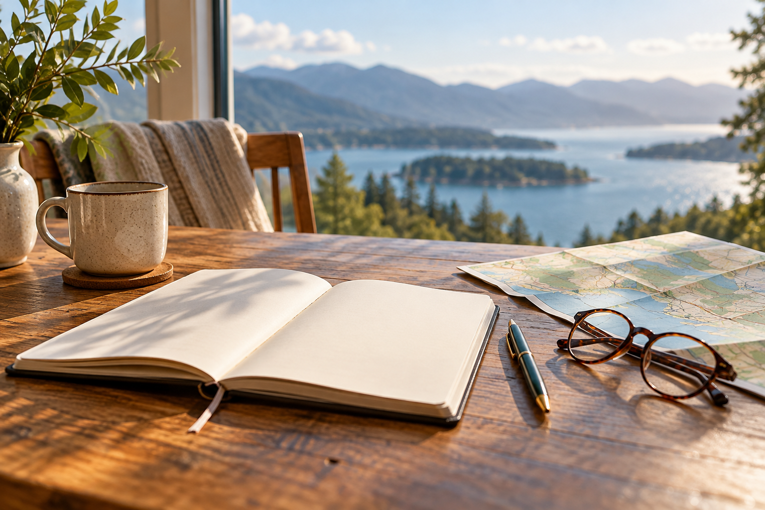 Open notebook, map and glasses on a table overlooking a lake.
